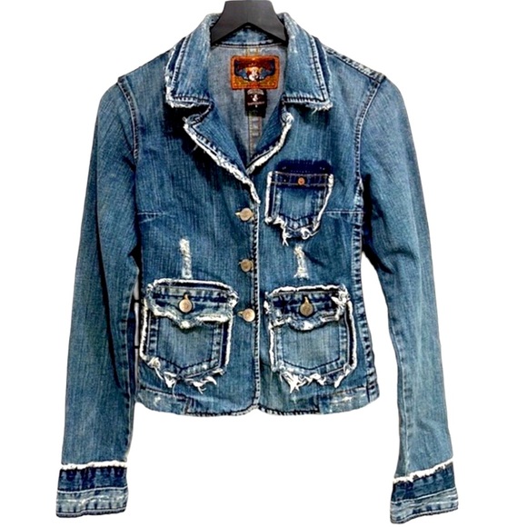 True Religion Jackets & Blazers - True Religion Distressed Blue Jean Jacket Raw Hem Collar, Pockets, & Cuffs Small